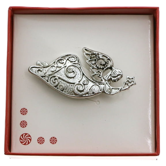 Mi Amore Christmas Flying Angel Star Boxed Brooch-Pin Silver-Tone & Crystals