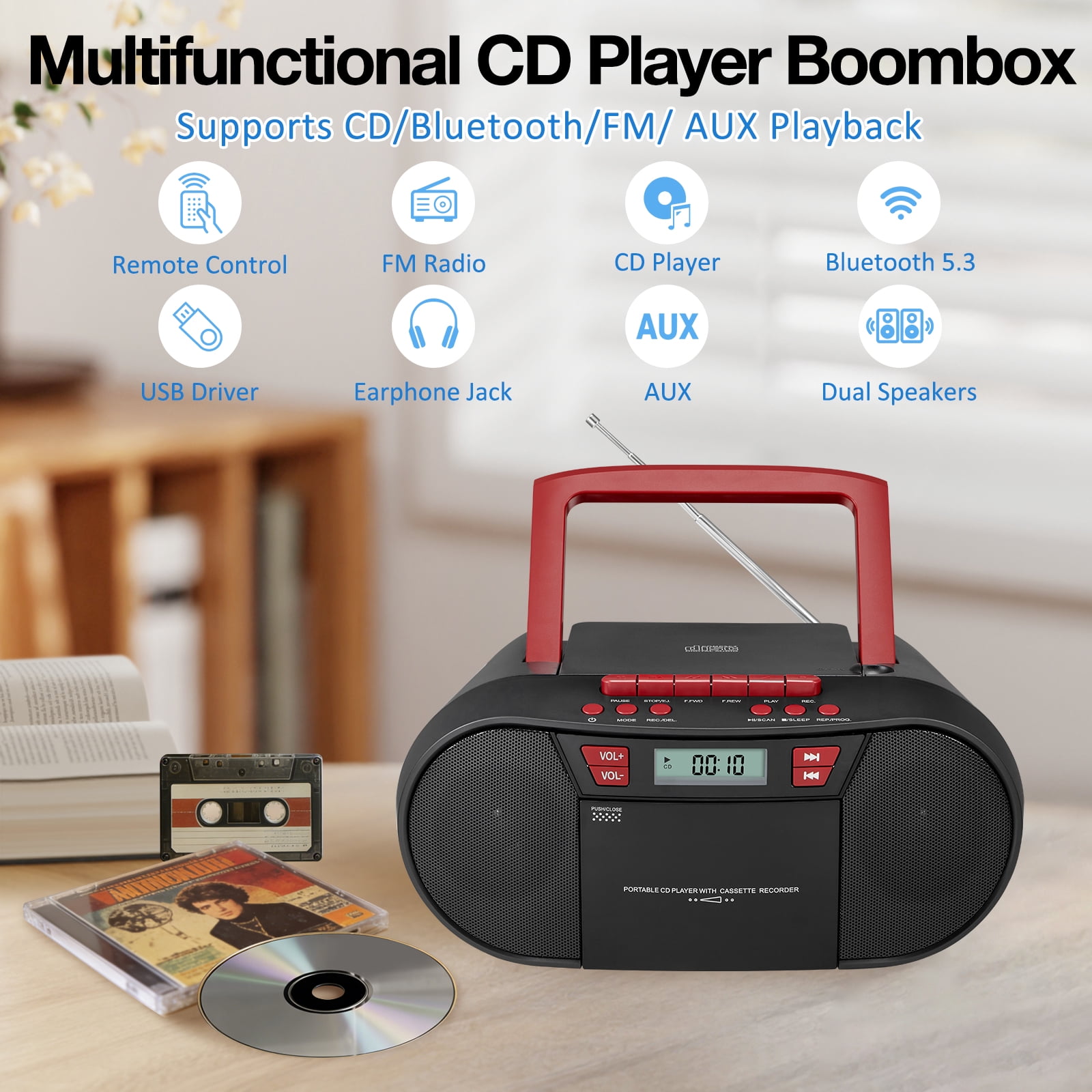 CD Player Boombox with Bluetooth and FM Radio,Stereo Sound with Remote Control and USB Port,3.5mm Aux Input and Headphone Jack.