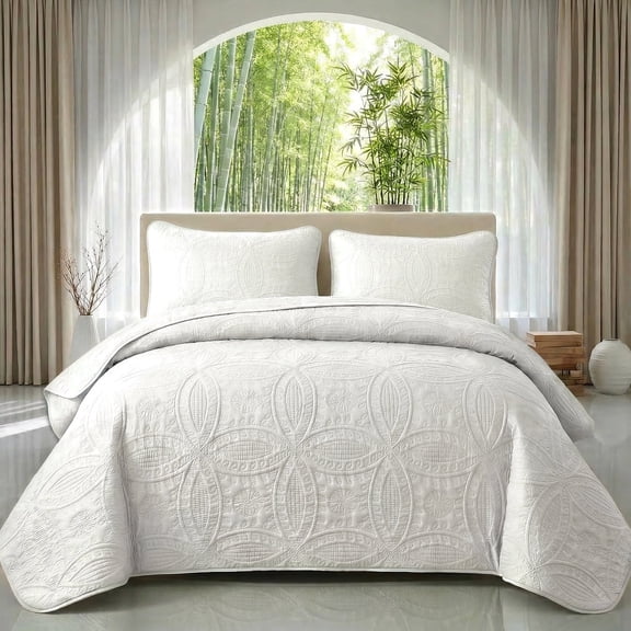 2/3 Piece Ultrasonic Embossed Bedspread Set(1 Quilt 1/2 Pillowcases), Fine Stereo Quilted Pattern, Durable Machine Washable All Season Bedding(White,Twin)