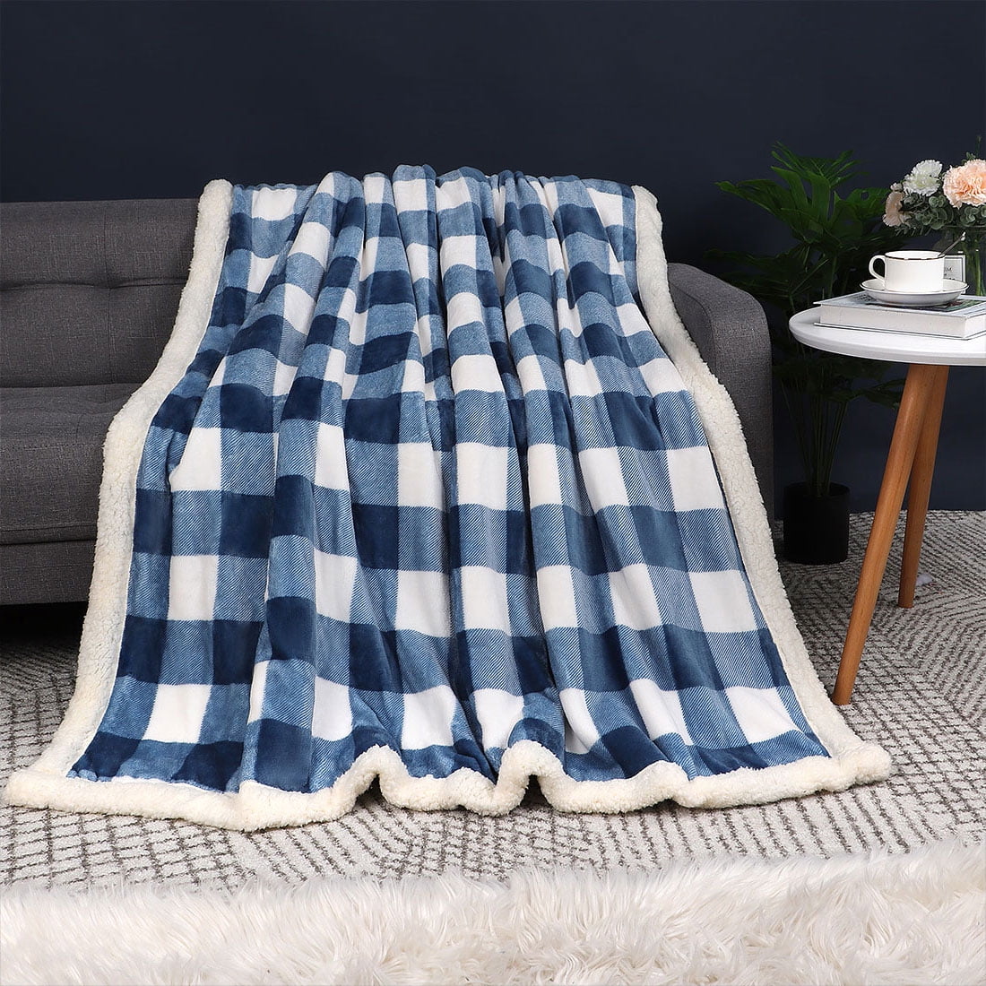 Sherpa Fleece Throw Blanket, Soft Warm Thick Microfiber Plaid Flannel