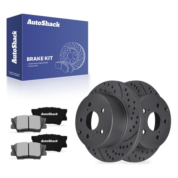 AutoShack Rear Solid Drilled & Slotted Coated Brake Rotors Black Matte Finish   Ceramic Pads 6-PC Brake Kit Replacement for 2006-2018 Toyota RAV4 2010-2012 Lexus HS250h BlackShield 11.06" (281 mm)