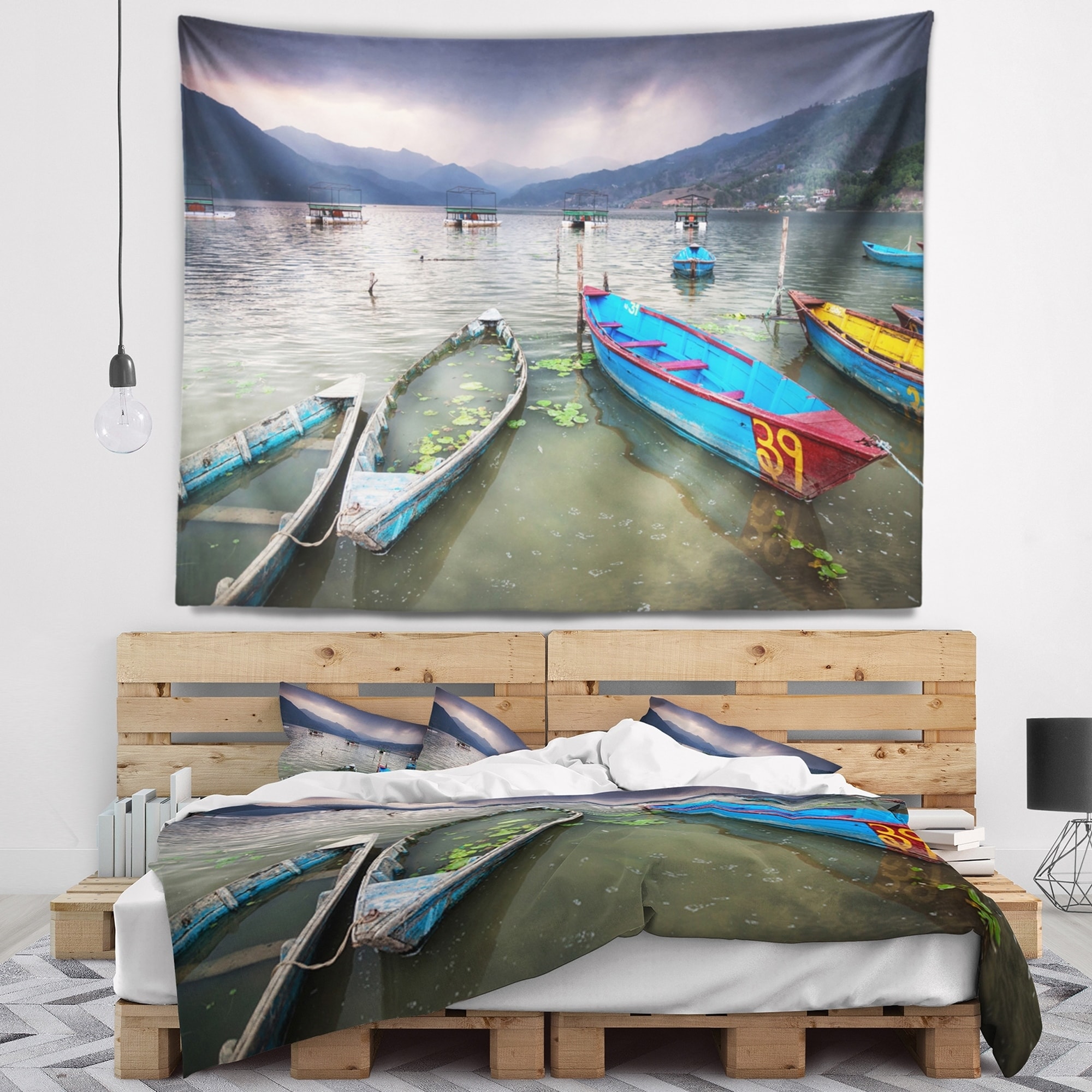 DESIGN ART Designart 'Boats near Pokhara Lake' Boat Wall Tapestry