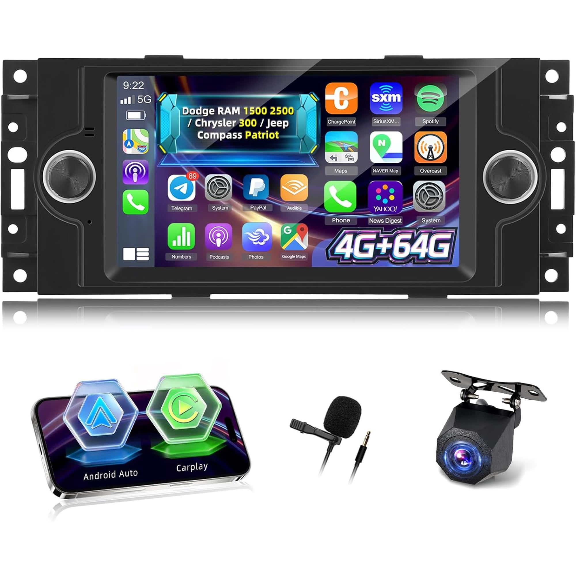 2G+64G Car Radio for Dodge RAM 1500 2500 2006-2008 Chrysler 300 Jeep Compass Patriot, 6.86 inch Android Touchscreen Stereo with Carplay/Android Auto, GPS/WiFi/Bluetooth/SWC/FM/RDS