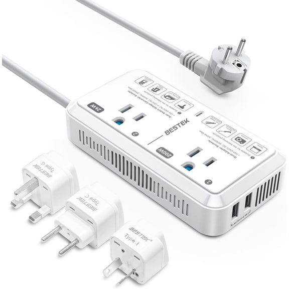 BESTEK 2000W Universal Travel Adapter with 3 EU/UK/AU Plug Adapter, 220V to 110V Voltage Converter, US to Europe Travel Voltage Converter for Curling Iron ,White
