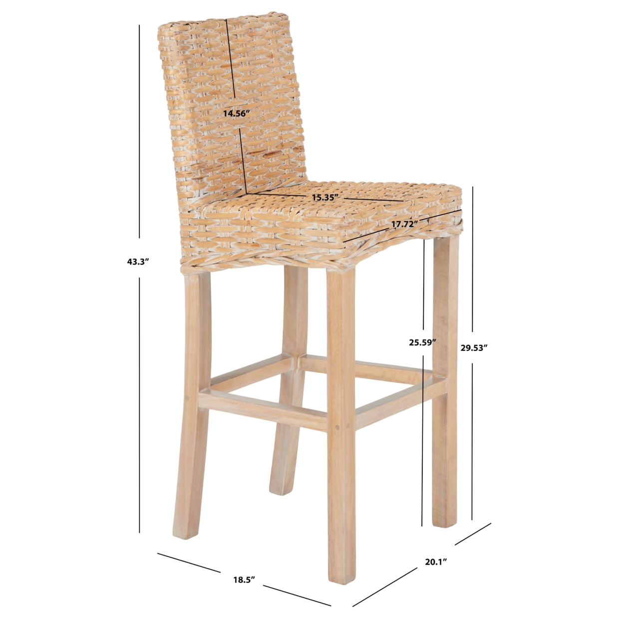SAFAVIEH Tobie Rattan Bar Stool with Footrest, Natural White Wash