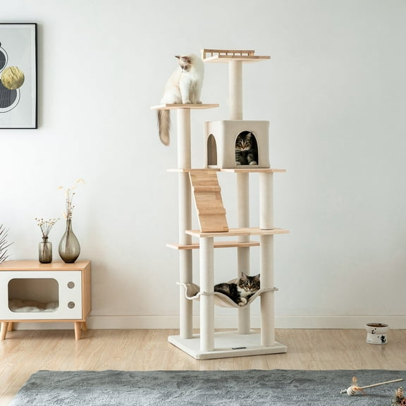 MWPO 63.8'' Wooden Cat Tree Modern Cat Tower with Scratching Post and Condo, Beige