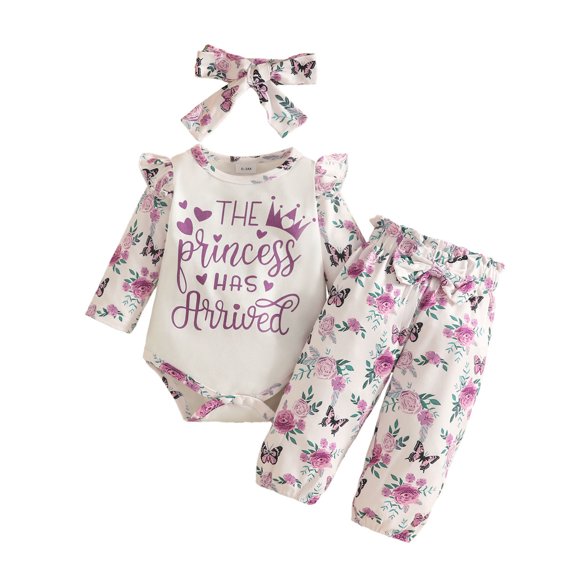Yhhting Baby Girls Outfit Sets Ruffles Long Sleeve Letter Bodysuit Romper Floral Prints Pants Headband Set Girls Outfits ,9-12 Months