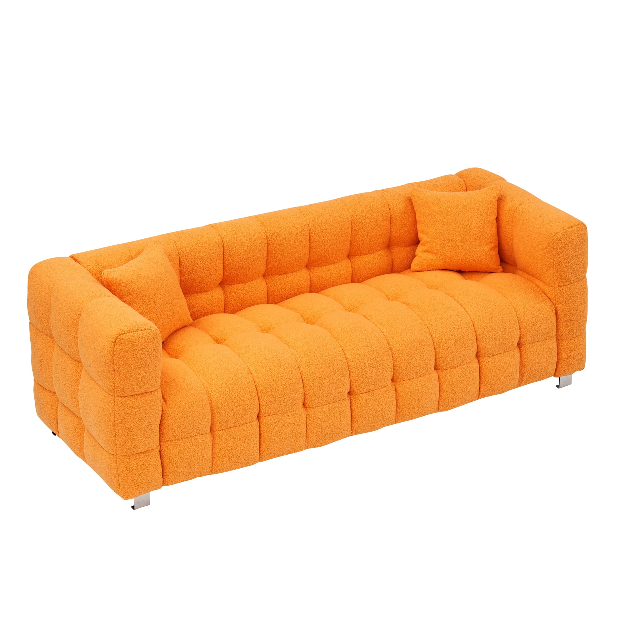 Aukfa 80" Modern Comfy Sofa, Deep Tufted Couch for Living Room, 2 Pillows, Teddy Fleece Orange