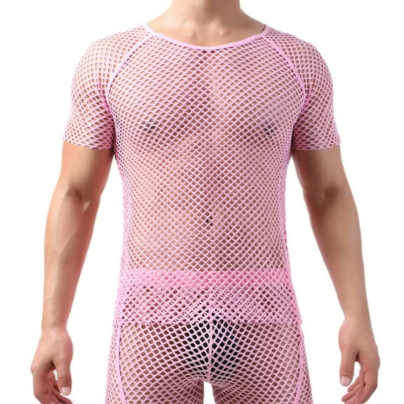 Men's Fishnet Top Short Sleeve Transparent See-Through T-Shirt Slim Fit Muscle Shirt
