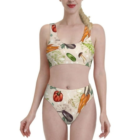 Bixox Cute Vegetables Pattern Two-Piece Sports Bikini with U-Shaped Top and High-Waist Bottom - Women s Swimwear with Removable Bra Pads