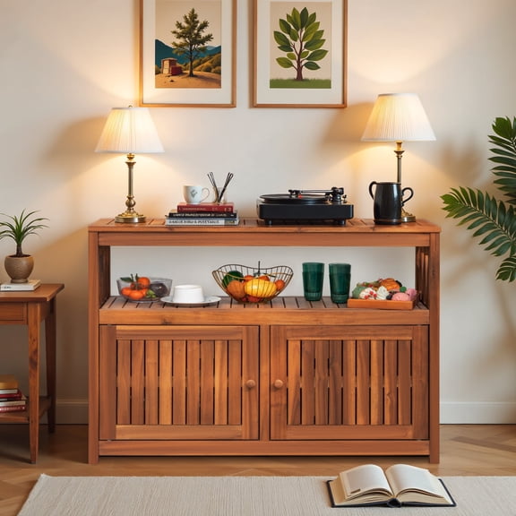 Vineego Sideboard Cabinet Weatherproof Acacia Wood Cabinet with Double Door Used for indoor Outdoor Storage, Kitchen, Buffet Cabinet,Brown