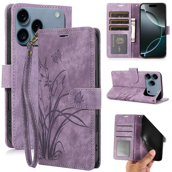 Kryonix for iPhone 17 Pro Max Phone Case Wallet,Women Flip Folio Cover with Credit Card Holders Emboss Butterfly Flower PU Leather Purse Wrist Strap Kickstand Case for Woman Man,Purple/Blue
