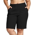 thumbnail image 2 of Women's Solid Plus Size Elastic High Waist Knee Length Stretch Bermuda Shorts with Pockets for Casual Work Golf Hiking, 2 of 8