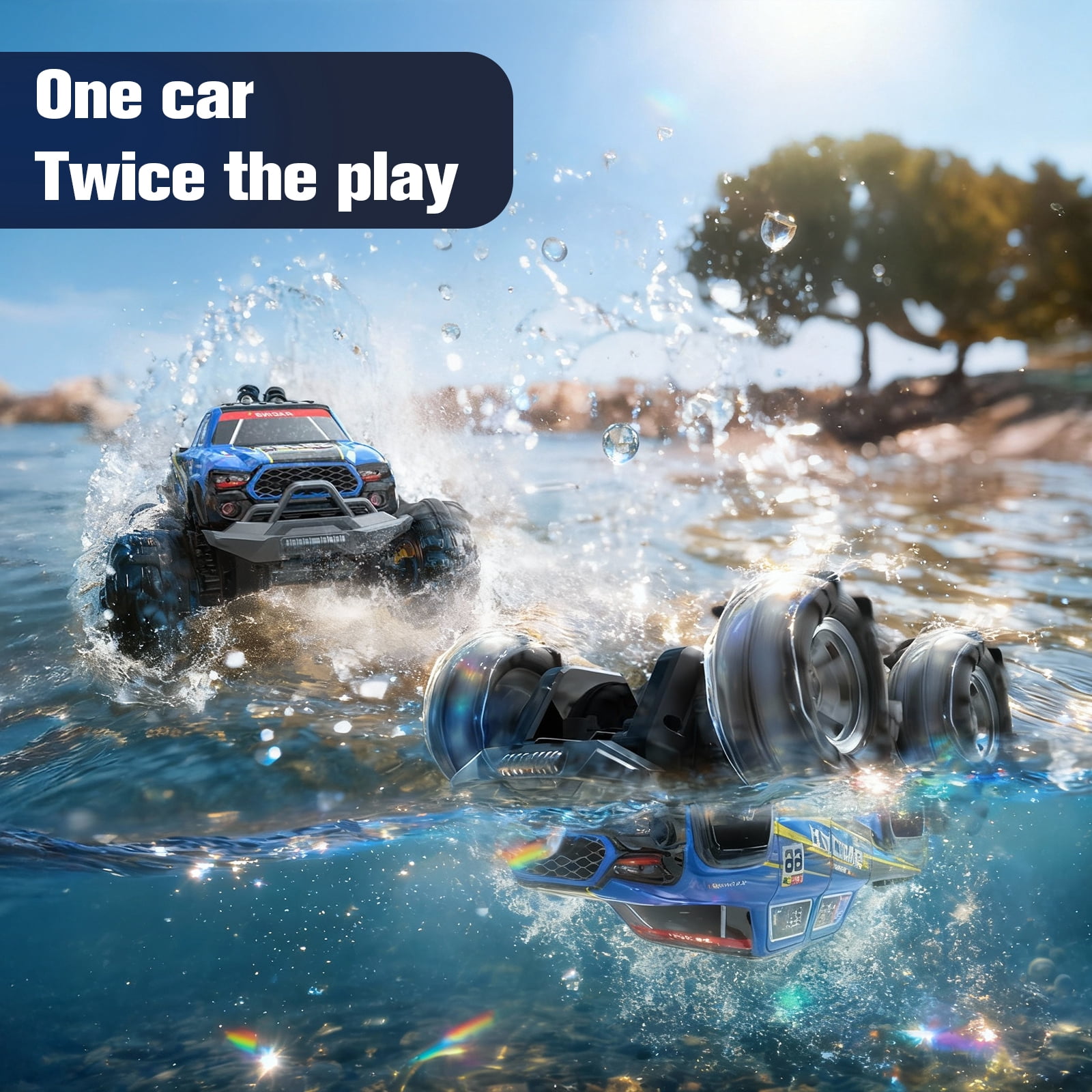 Amphibious RC Monster Truck/Boat, IPX7 Waterproof Remote Control Car, 2.4GHz 4WD RC Car 360°Rotation,LED Light,40mins Play RC Truck Toys for Kids Boys 6-12