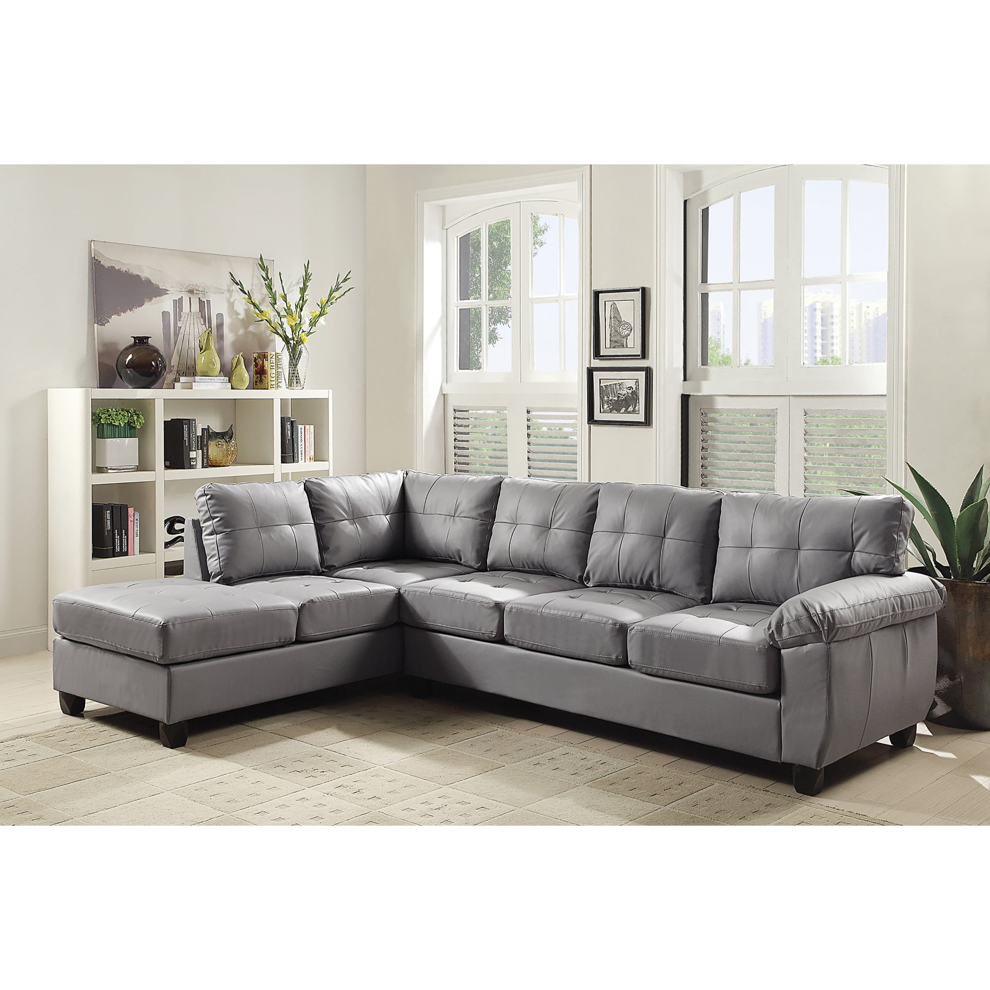 Passion Furniture Gallant 111 in. W 2-Piece Faux Leather and Microfiber L Shape Sectional Sofa in Mocha