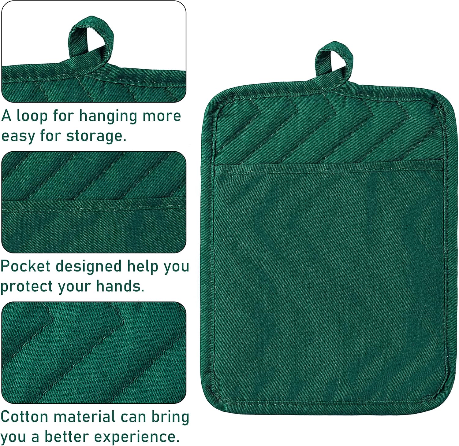 KKFEN-5Pack Pocket Pot Holders Cotton Heat Resistant Potholder Multipurpose Hot Pads Machine Washable Oven Mitts Heat Pads for Daily Kitchen Baking and Cooking 8.9 x 6.9 in Dark Green