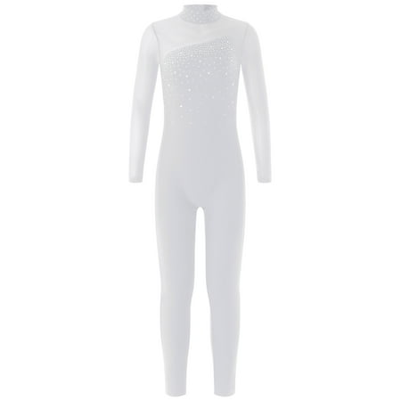 inlzdz Gymnastics Leotards for Girls Sheer Mesh One-Piece Bodycon Jumpsuit Workout Unitard Biketard White 14