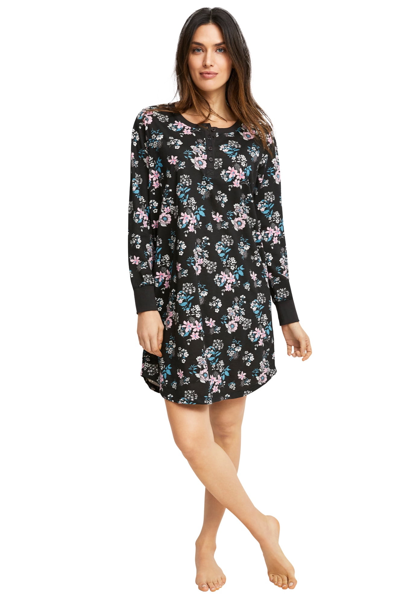 Ellos ellos Women's Plus Size Long Sleeve Henley Sleepshirt Nightgown