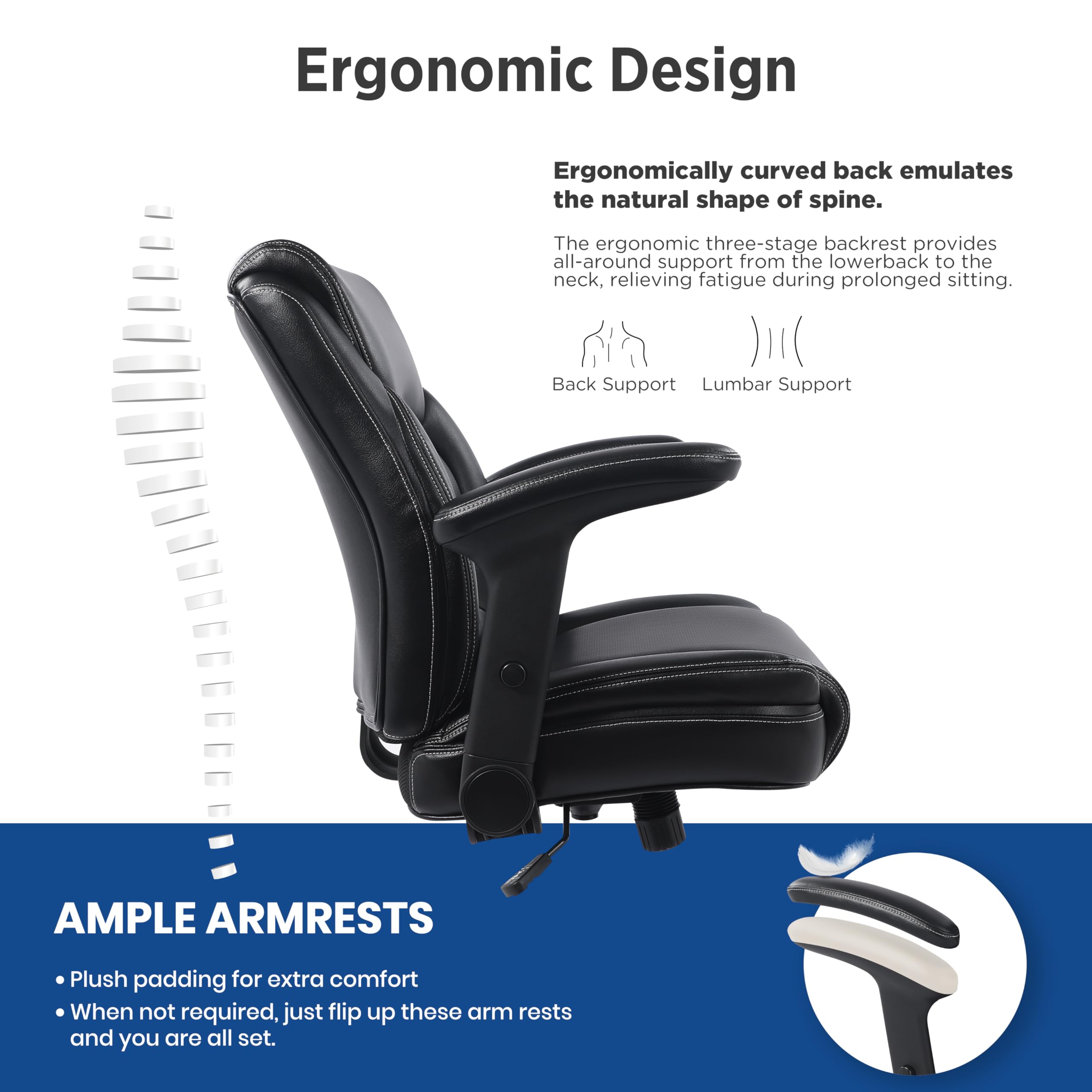 CHAIRMAN® Ergonomic Mid-Back Bonded Leather Adjustable Drafting Chair with Multi-Function Arms and Foot Ring, Standing-Desk Matched Tall Swivel Computer Office Stool, Black