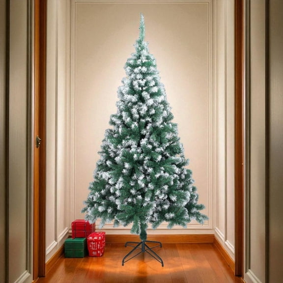 IVV 7FT Unlit Artificial Christmas Tree with 870 Frost Branches, and Metal Stand (Green & White)