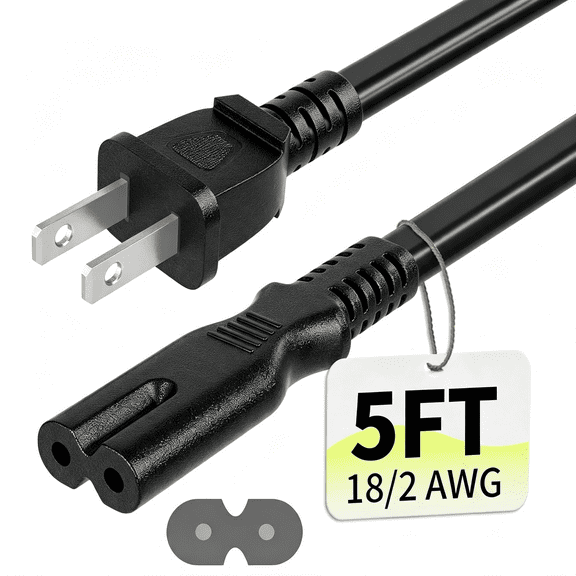 GJX Universal 5Ft(1.5M) Power Cord, 2-Prong Pure Copper Etl, Black | Figure 8 Replacement for Ps3 Slim 5 4 3 Xbox One X S Xbox Series X S Tv Printer Speaker