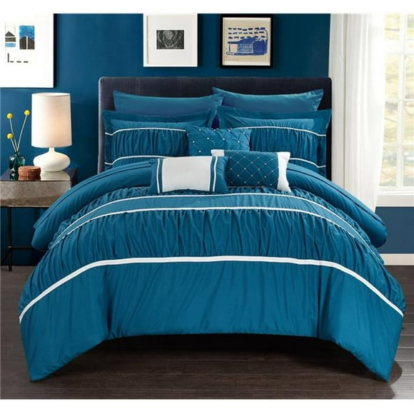 Chic Home CS2127-US Penelope Pleated & Ruffled Bed in a Bag Comforter Set with Sheets - Teal - Queen - 10 Piece