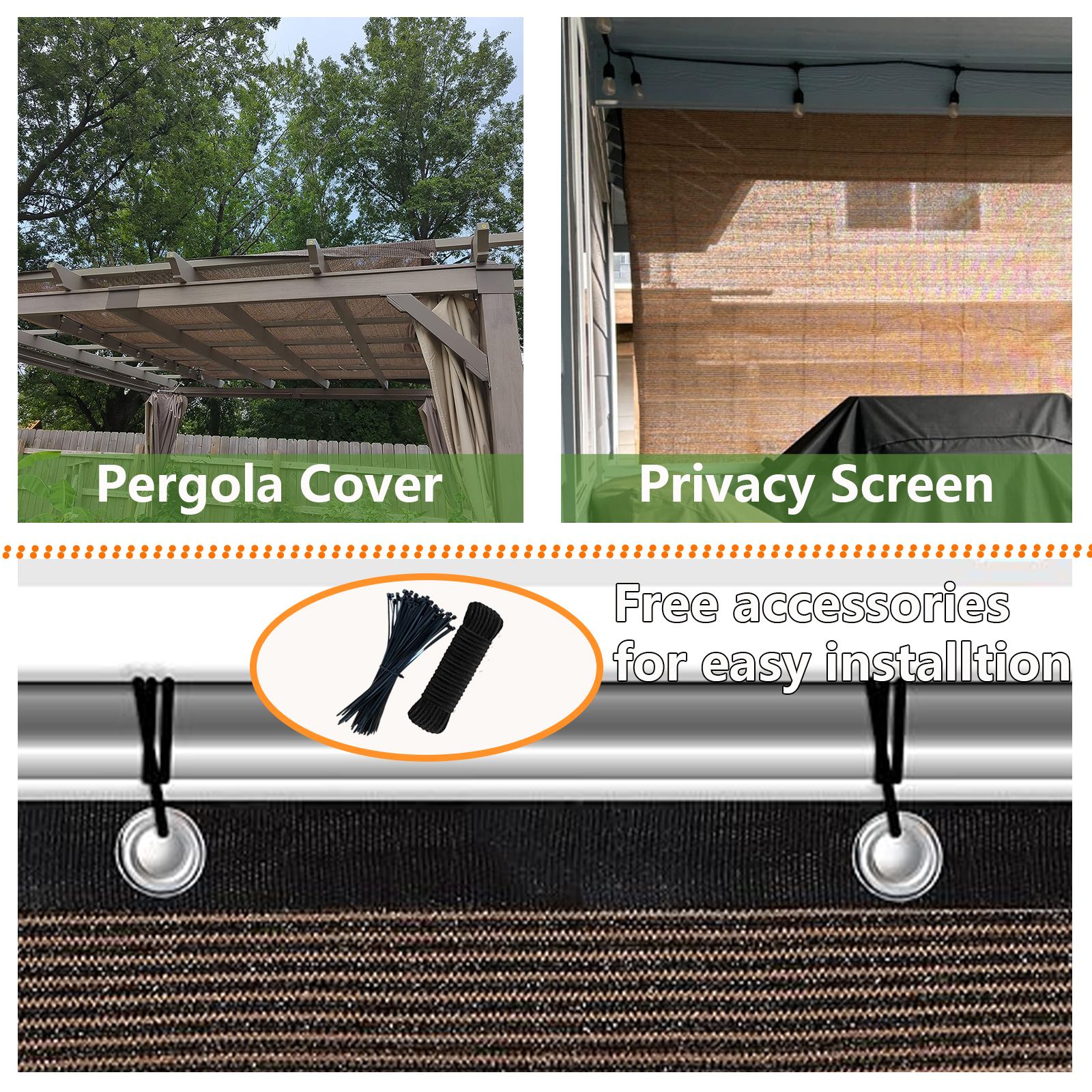 90% Sun Shade Cloth, 8' x 10' Pergola Shade Cover for Patio, Outdoor, Garden, Backyard, Mocha