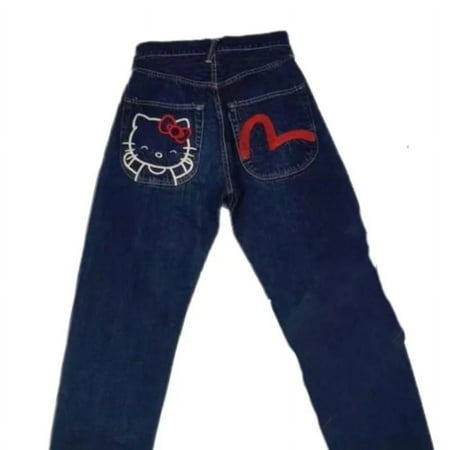 Fashion Brand Evisus Jeans For Women Cartoon Sanrio Hello Kitty Printed Denim Pants Vintage Hip Hop Straight Trousers Streetwear