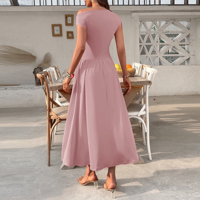 formal sleeveless women's light pink off the shoulder dress Uocefik Womens Summer Off Shoulder Sleeveless Midi Dress Cocktail A Line Flowy Wedding Guest Dresses with Pockets Pink L