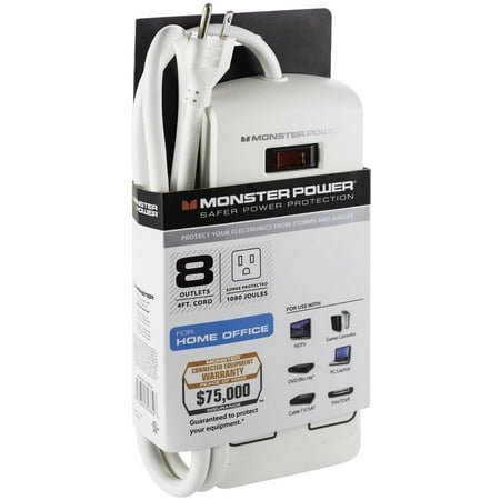 Monster Essentials 800 8-Outlet Surge Protector, White
