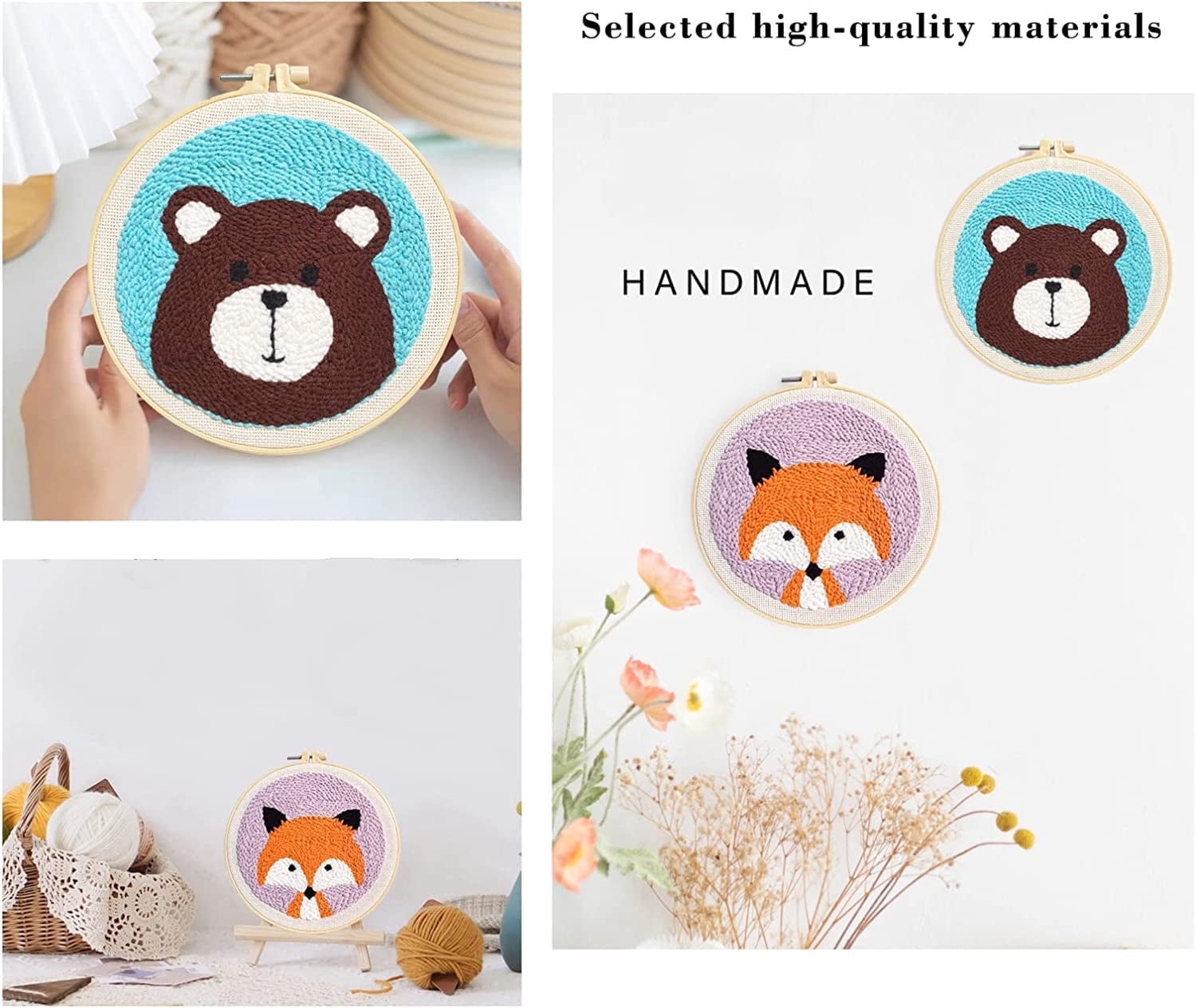 2 Pack Bear,Fox Easy Punch Needle Embroidery Starter Kits for Kids and Adults Beginners with Punch Needle Tool,Threader, Stamped Fabric Embroidery,Hoop,Pen, Punch Needle Kits