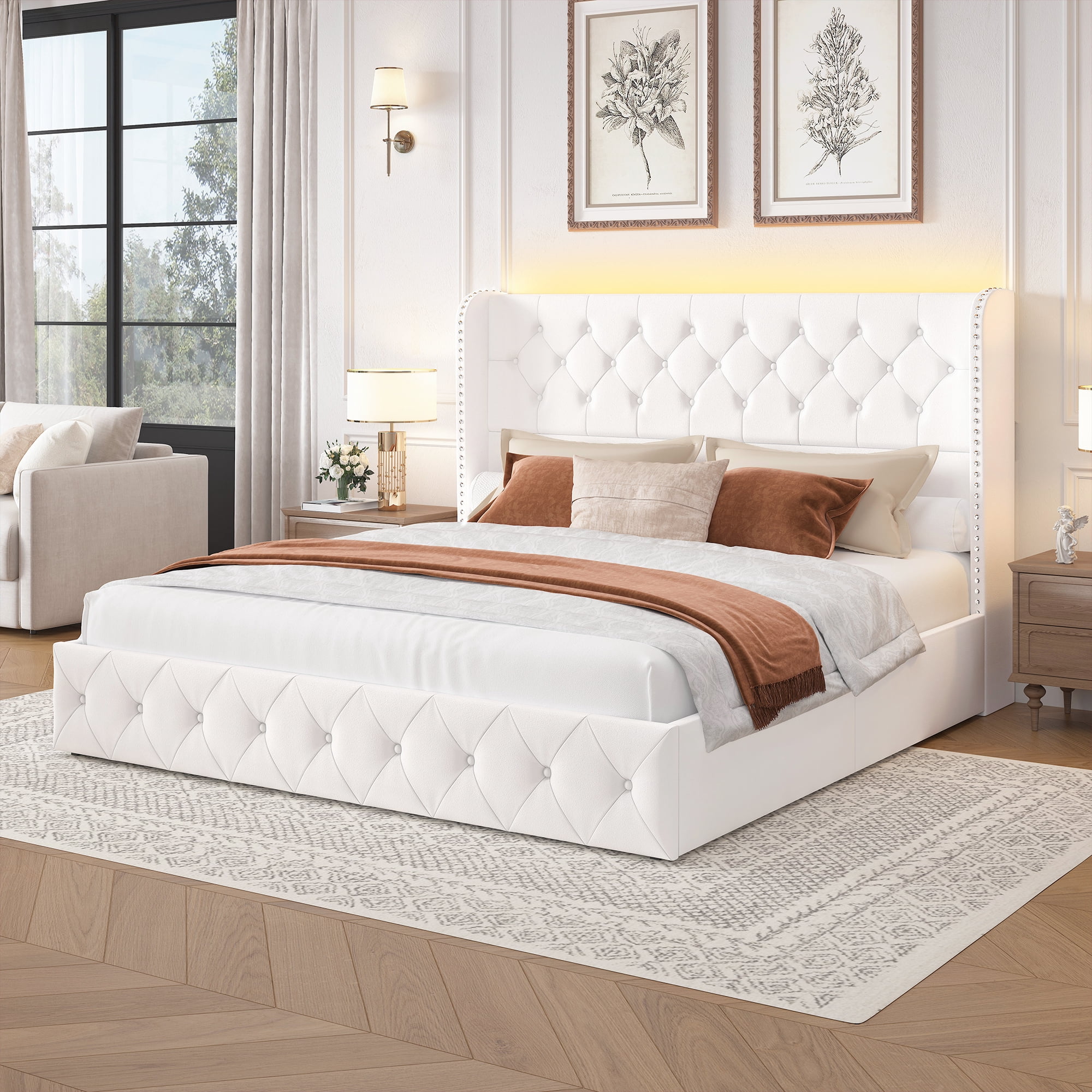 Breltam King Size Bed Frame with Storage Drawers and Tufted Headboard Velvet Upholstered Platform Bed Frame with LED Light Wingback, White