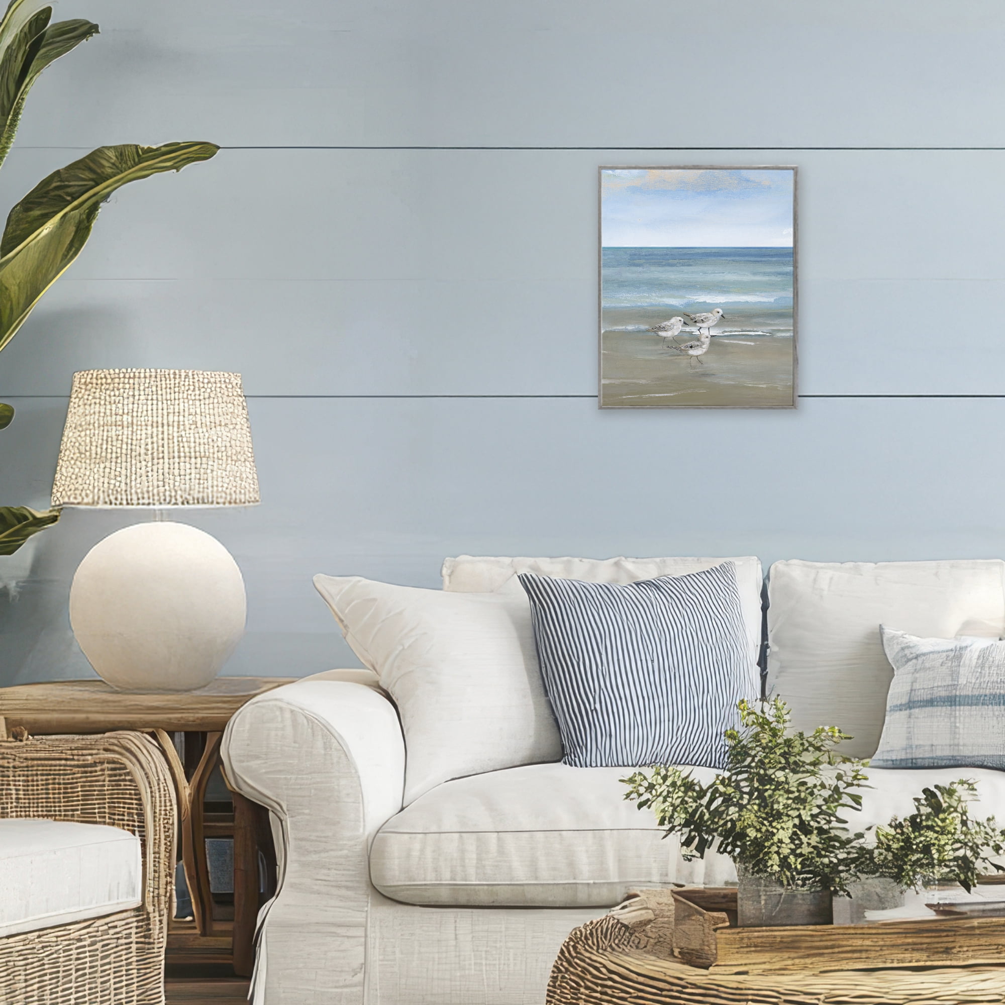 Stupell Industries Three Shorebirds & Gentle Waves Gray Framed Giclee Art, design by Nan