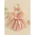 thumbnail image 4 of Suealasg Baby Girl Birthday Outfit Fly Sleeve Square-Neck Floral Embroidery Tulle Romper Dress with Bow Headband Summer Photoshoot Dress Clothes, 4 of 9