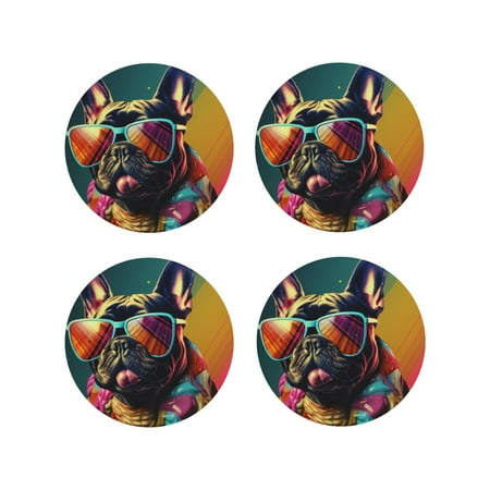 

Fuzoiu Retro Bulldog Sunglasses Print Leather Coasters Set Drink Coasters Set of 4 for Tabletop Protection Durable PVC Coasters Home Décor and Housewarming Gift-Round Shape