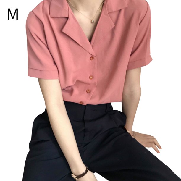 Camisa de mujer Verano de manga corta con cuello en V Botón suelta Top casual, rojo claro, M Kearding AP001363-14B