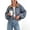 #12Navy, variant on BWomens Plaid Cropped Jacket Gingham Snap Button Shirt Jacket with Drawstring Hem Balloon Sleeves