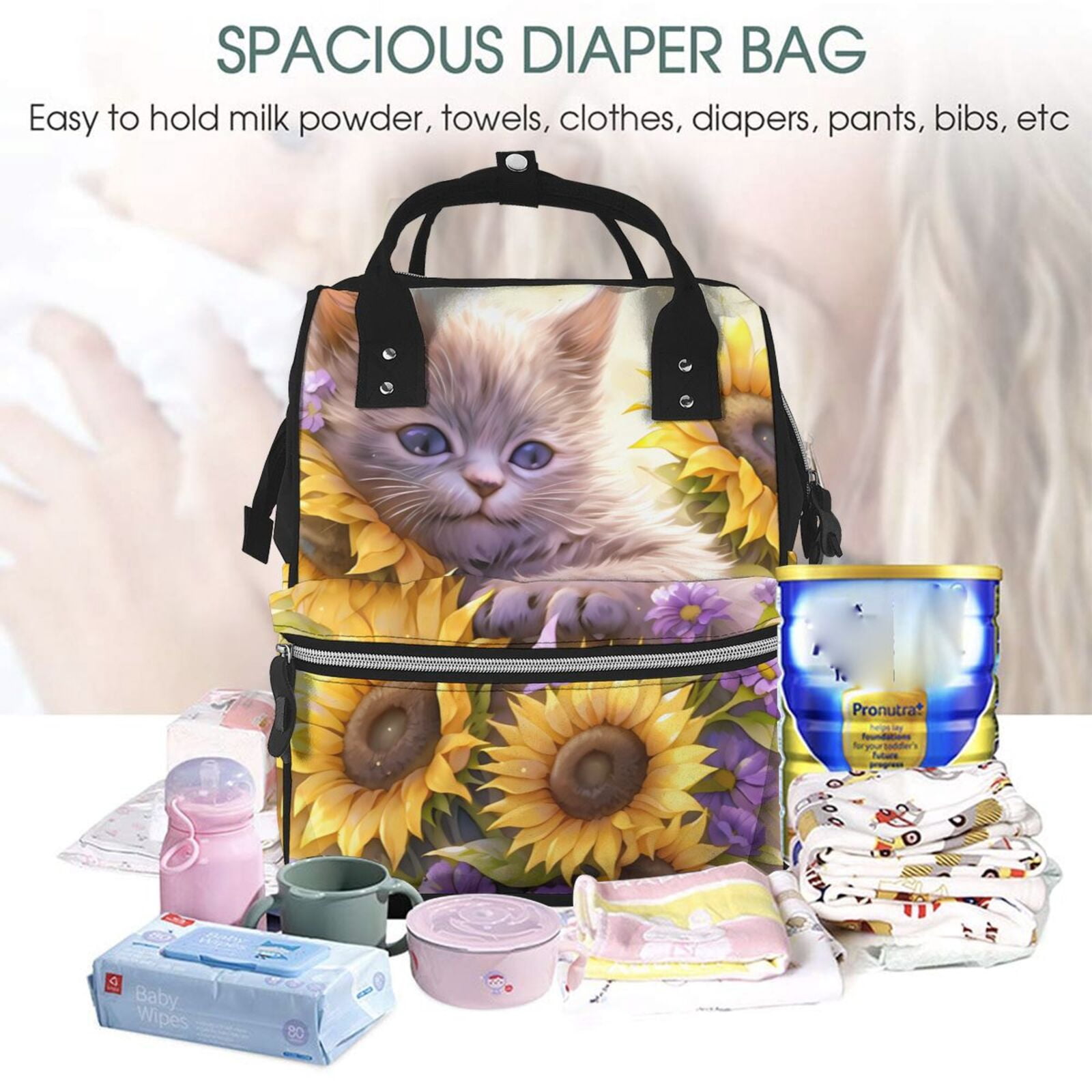 Fuzoiu Daisy Sunflower Lazy Cat Print Diaper Bag Backpack,Baby Essentials Travel Tote,Multi function Waterproof Diaper Bag, Travel Essentials Baby Bag - Unisex