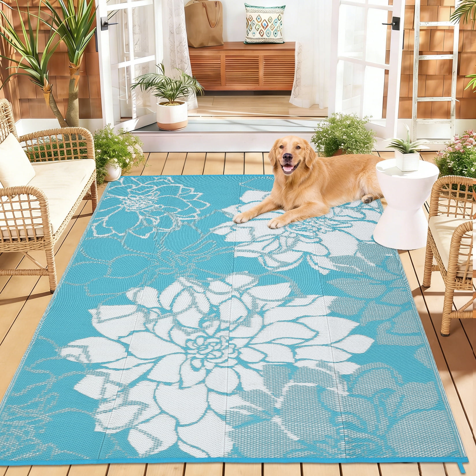 Nanan 8x10ft Outdoor Rug Waterproof Reversible Plastic Straw Patio Rug, UV Resistance Portable Floral Camping Carpet for Deck, Porch, Balcony, Backyard, Light Blue