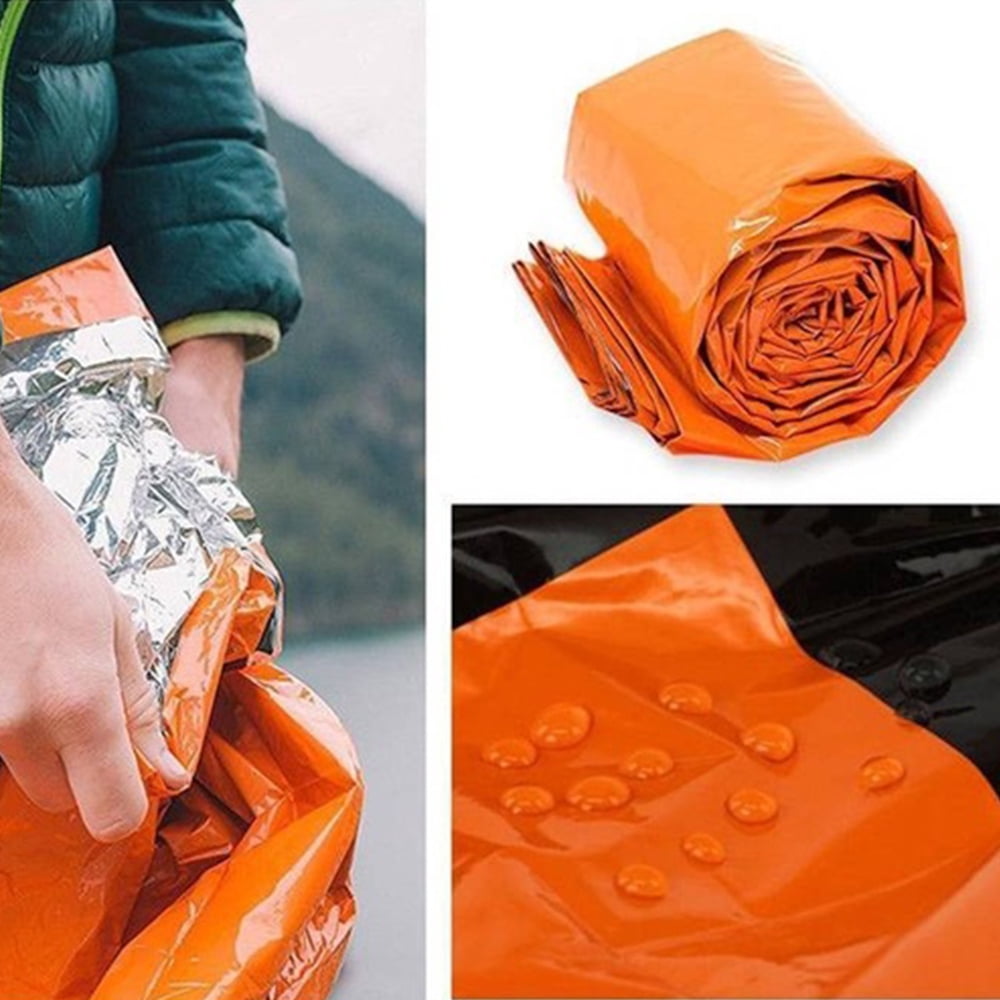 (2 Pack) Emergency Sleeping Bag w/ Drawstring Carrying Bag, Orange Blanket Kit