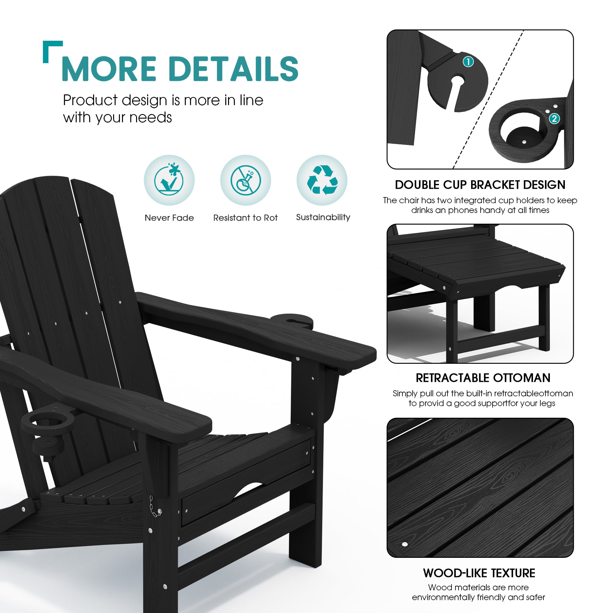 KINGYES Folding Adjustable Adirondack Chair with Retractable Ottoman & 2 Cup Holders for Patio Garden, Black