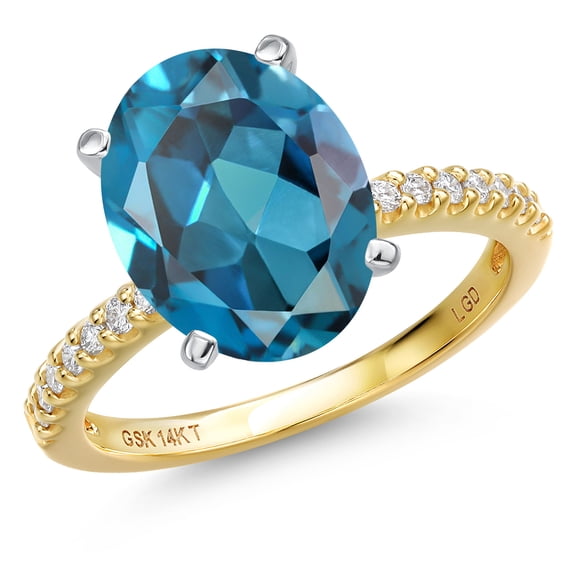 Gem Stone King 14K Two Tone Gold London Blue Topaz and Lab Grown Diamond Engagement Ring for Women | 6.16 Cttw | Oval 12X10MM | Gemstone November Birthstone | Size 7