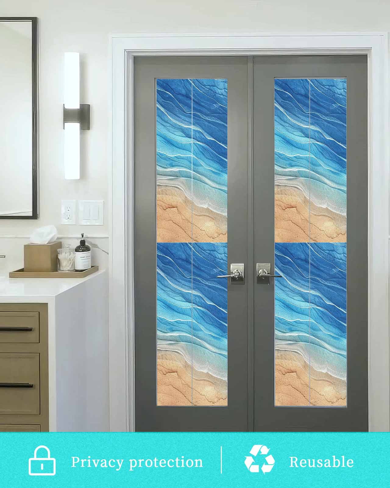 Window Privacy Film, Blue Ocean Ombre UV Sun Blocking Window Tint Film Heat Control One Way Blackout Window Film, Spring Summer Coastal Sea Wave Non Adhesive Static Cling Window Sticker 23.6x78.7 In