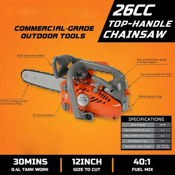 26CC 2-Cycle Top Handle Gas Powered Chainsaw 12 Inch Petrol Handheld Cordless Chain Saw for Tree Wood Cutting with 2 chains(12inch)