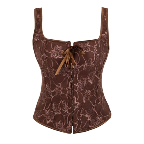 Women's Lace up Gothic Jacquard Shoulder Straps Tank Overbust Shapewear Corset Bustiers Top, Coffee Size L