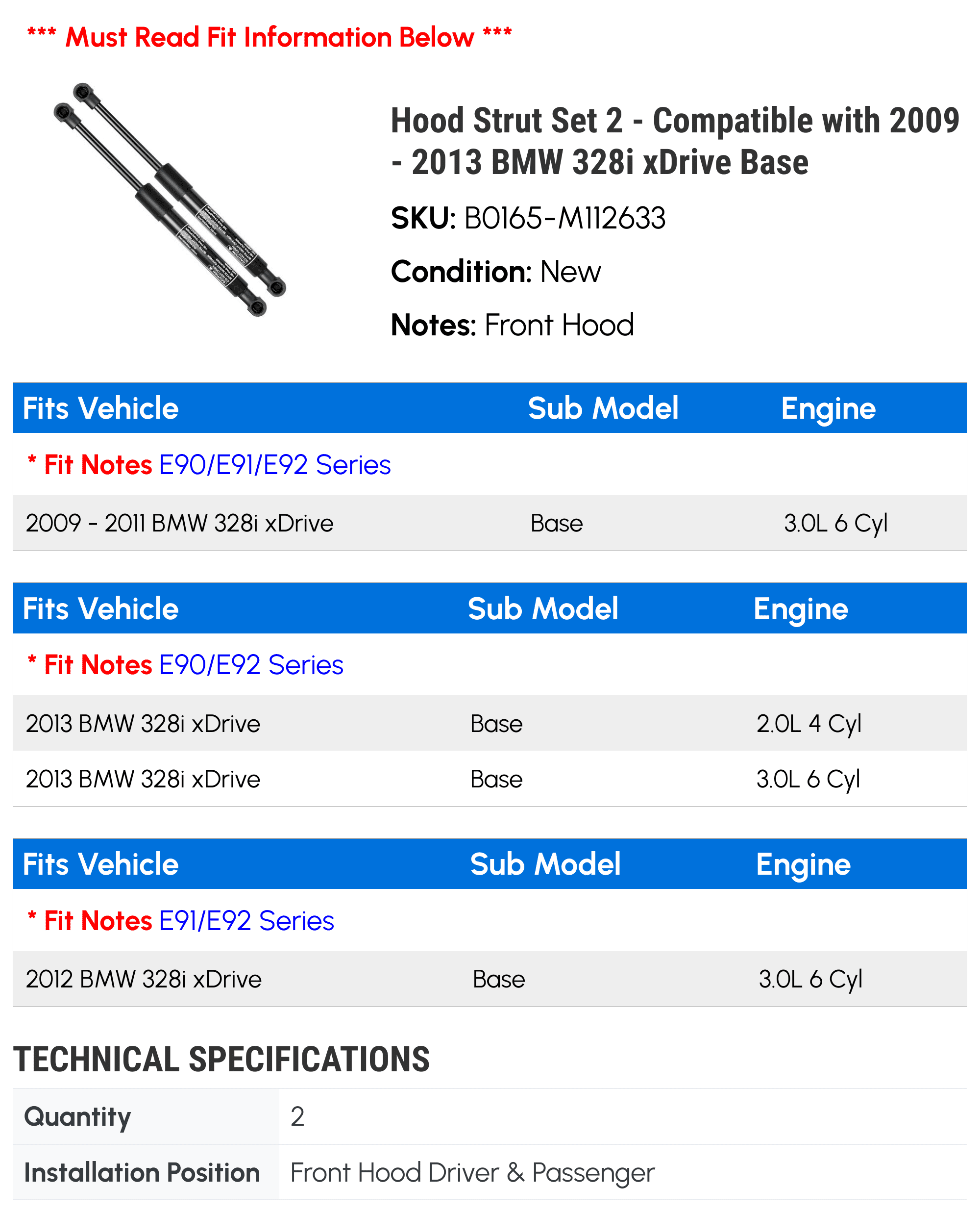 Hood Strut Set 2 - Compatible with 2009 - 2013 BMW 328i xDrive Base - Autopart Premium