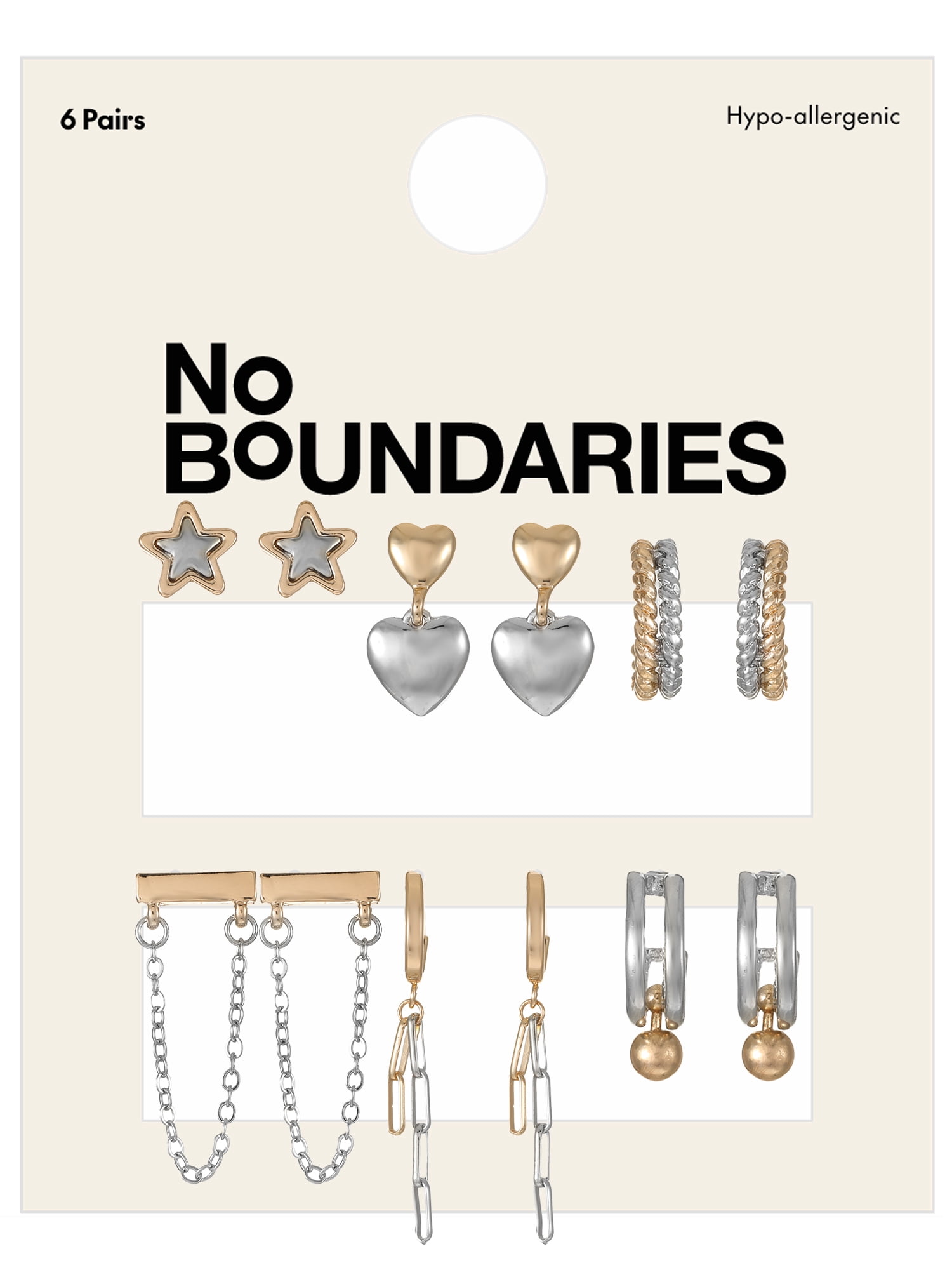 No Boundaries Mixed Gold-Tone and Silver-Tone Earring Set with Studs and Mini Hoops, 6-Pack, Women's