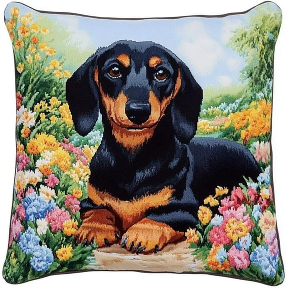 Latch Hook Kits Dachshund Floral Path Latch Hook Cushion Kits DIY Cross Stitch Sofa Cushion Cover with Latch Hook Tool Fit for Teenager and Adults Latch Hook Cushion Cover Kit 43X43Cm