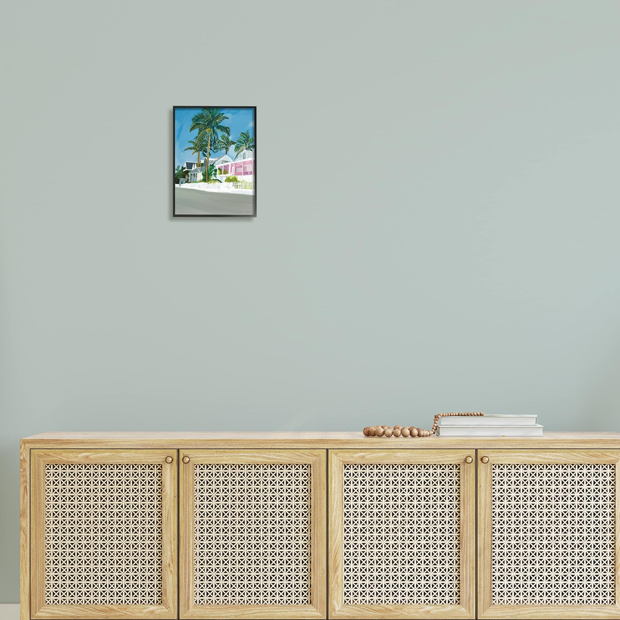 Stupell Industries Tropical Palm Trees Summer Vacation Resort Houses Graphic Art Black Framed Art Print Wall Art, Design by Amelia Noyes