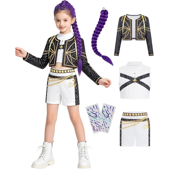 Golden Pop Singer Costume, Halloween Cosplay Outfit Sparkling Stage Performance Clothes with Purple Braid Hair Extension and Accessories
